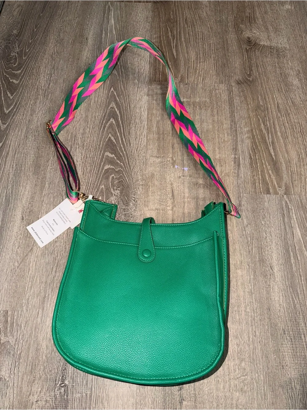 Vibrant Green Crossbody Bag with Multicolor Woven Strap
